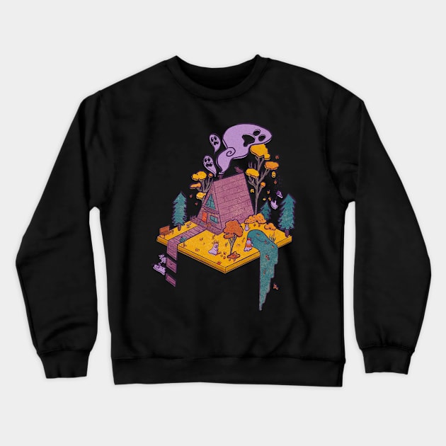 Spooky Ghosts Camping in Isometric Cabin Crewneck Sweatshirt by narwhalwall